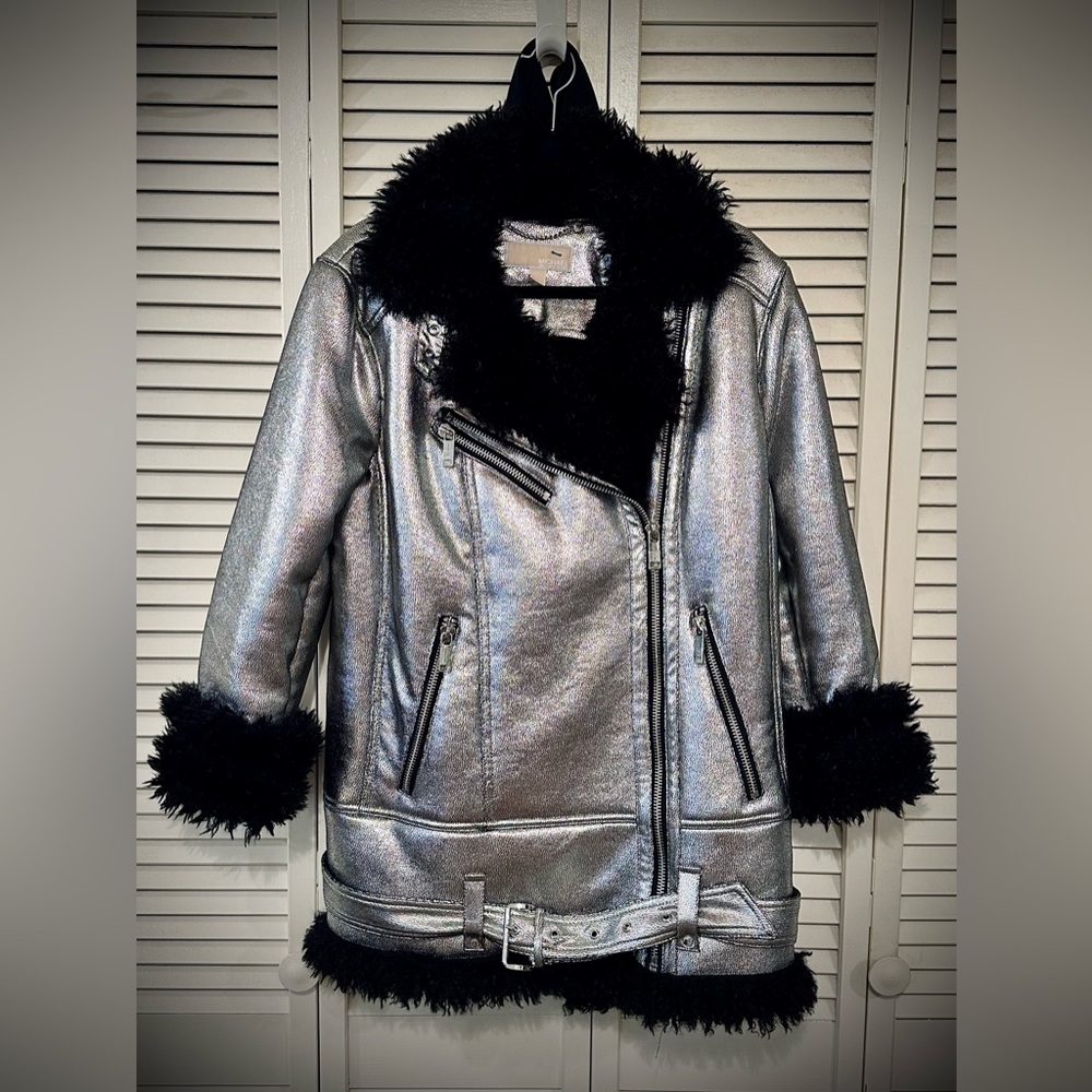 Michael Kors Silver/Black Genuine Shearling Coat Sz L
